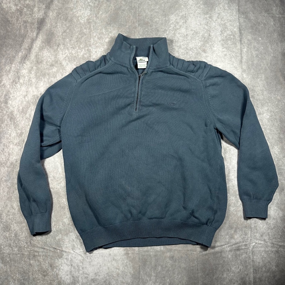 Lacoste Mens Vintage Washed Blue Quarter Zip Sweater Ribbed Size 6 L Preppy